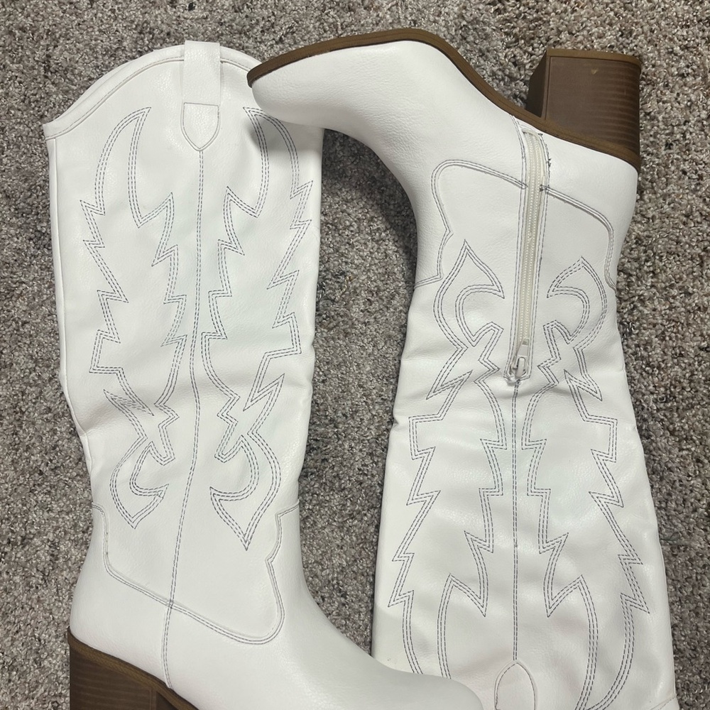 Dirty Laundry White and Brown Heeled Boots with Western Flair